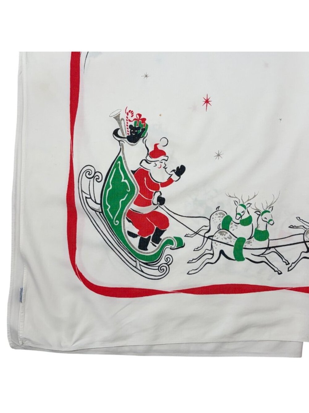 Vintage California Hand Prints Santa Sleigh Christmas Tablecloth White Red 54x48